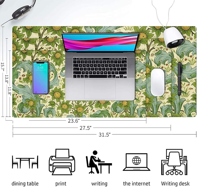Flower Mouse Pad PU Leather Green Leaves Desk Mat Large Waterproof Gaming Pad Non-Slip Keyboard Mouse Pad Writing Pad for Gamer Office&Home