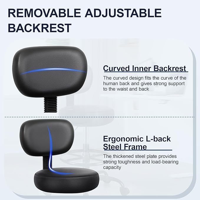 Brick Attic Drafting Chair with Backrest – Adjustable Foot Rest Rolling Stool with Wheels, PU Leather Swivel Stool for Office Spa Studio Lab Counter Salon Home Work Bar Kitchen Shop(Black), Pack of 2