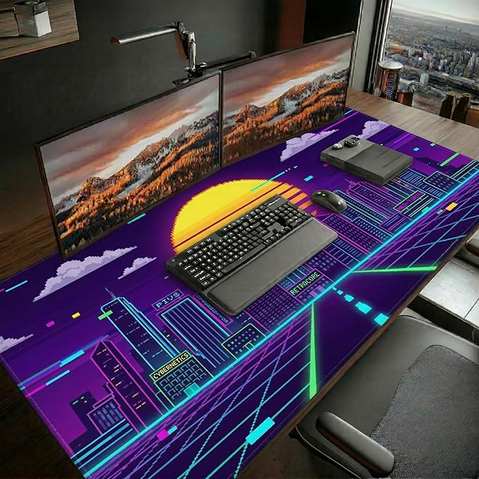 48x24in Retro Synthwave Mouse Pad, Neon City Extended Desk Mat, Non-Slip Waterproof Gaming Mousepad for Home Office & Gaming
