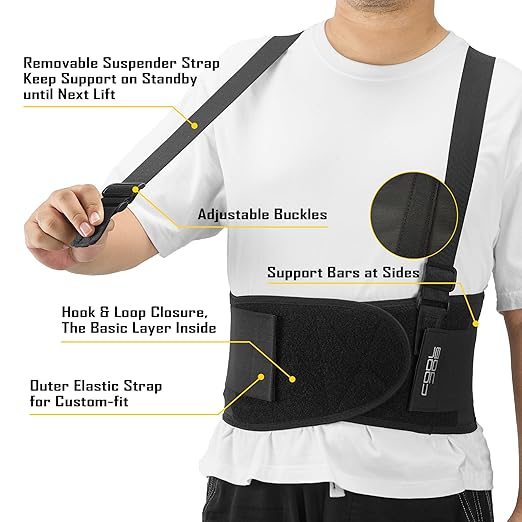 COOLJOB Expert Back Brace for Lower Back Pain Relief, Powerful Lumbar Support with 3D Foam Pad and Elastic Shoulder Strap, Breathable Adjustable Support Belt for Men Women, Black, L for Waist 37-47"