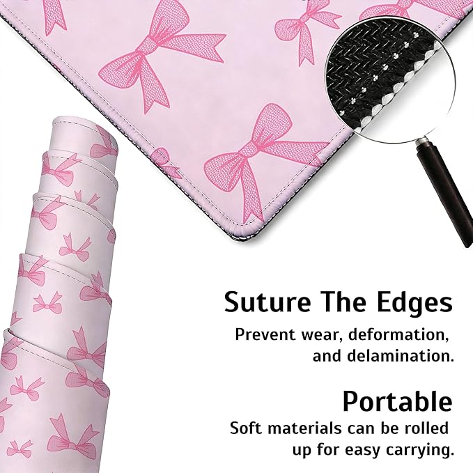 Large Gaming Mouse Pad Pink Bow Desk Mat,Non-Slip Rubber Base Stitched Edges,Extended Mousepad for PC,Laptop,Office,Home Decor(31.5 x 11.8 Inch)
