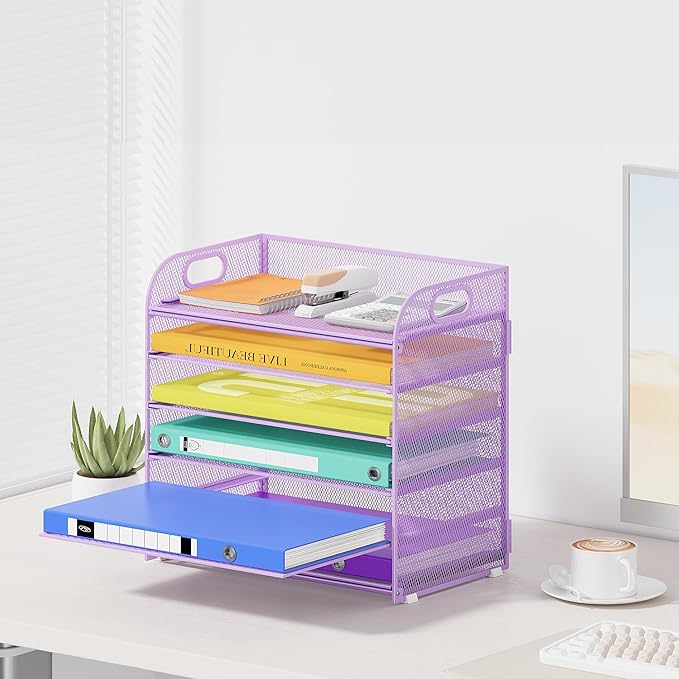 Cawukege 6 Tier Paper Organizer, Purple Letter Tray with Handle, Mesh Desk Organizer, Metal File Organizer, Office Desk Accessories for Home, Office, Classroom, School