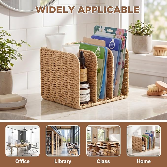 Novabright Woven File Magazine Holder Desk Organizer, 3-compartment Vertical Workspace Sorters for Magazines, Notebooks, Envelopes, Paper Rope Wicker Book & Binder Sorter for Home Office