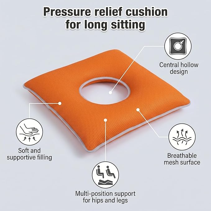 Donut Pillow Seat Cushion for Tailbone Pain Relief, Hemorrhoid Pillow for Sitting, Breathable Coccyx Cushion for Bed Sores, Pregnancy & Postpartum, Office Chair Wheelchair Car Bed Use, Orange