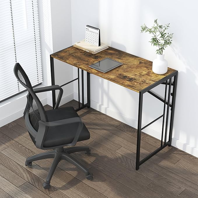 Lutown-Teen 35 inch Small Folding Computer Desk, Writing Gaming Computer Desk for Small Spaces, No Assembly Required Home Office Tale, Rustic Brown