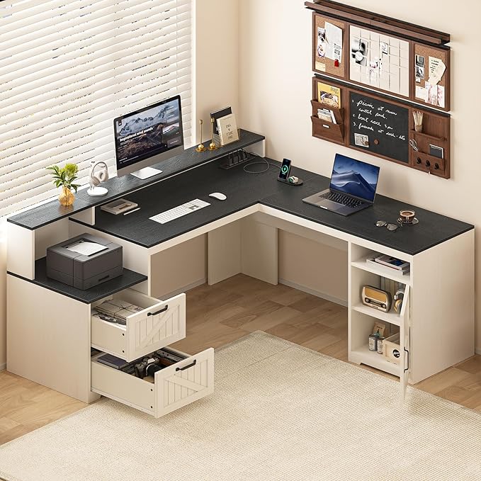YOMILUVE 63" Farmhouse L Shaped Executive Desk with Drawers & Storage Shelf, Corner Computer Desk with Power Outlets, L Shaped Office Desk with Monitor Stand, Printer Shelf, Black and White