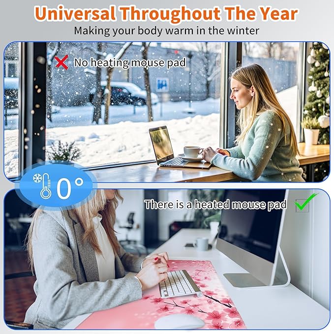 Heated Mouse Pad,Warm Desk Pad with 3 Levels Heating & 3 Hours Auto Shut-Off, PU Leather Heated Desk Pad Warmer Pad for Home Office - 23.6 x 14.2 inch,Cherry Blossoms