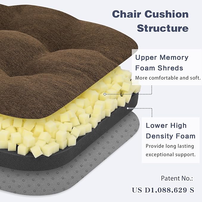 baibu Set of 2 Dining Chair Cushions, Dual-Layer Patent Design Memory Foam Kitchen Chair Cushions, Non-Slip Seat Pads with Ties, 16.5 x 16.5 x 3.5in, 2 Pack, Dark Brown