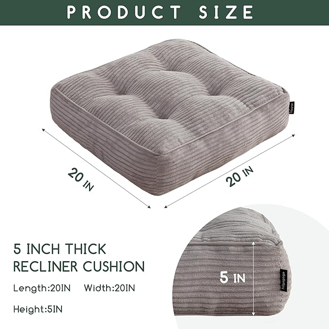 HIGOGOGO Tufted Corduroy Recliner Seat Cushion for Elderly, 20x20x5 Inch Large Square Seat Cushion for Recliner Chair, Floor Pillow, Office Chair, Car, No Pressure on Thighs, Grey