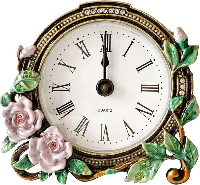 Silent Mini Vintage Analog Table Clock with Hand-Painted Metal Body and Battery Operated Non-Ticking Core for Shelf, Bedroom, Bedside, Desk, Gift Clock