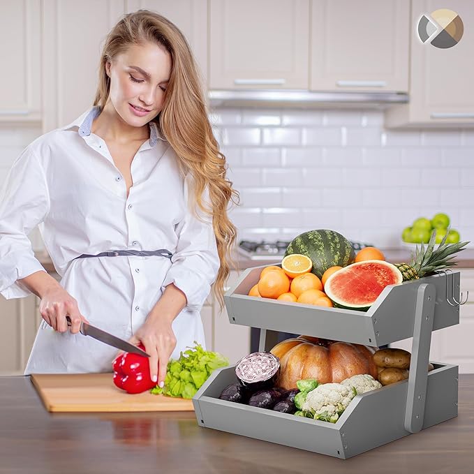 Hellojin Bamboo 2 Tier Fruit Basket For Counter, Large Capacity Fruit Storage Countertop, Fruit Holder, Wooden Pantry Organizers and Storage, Kitchen Countertop Organizer With 2 Banana Hangers (Grey)