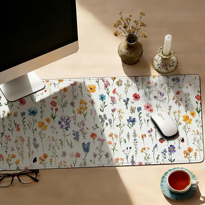Wild Flower Mouse Pad,35.4 x 15.7 Inch Large Mouse Mat Non-Slip Rubber Stitched Edges for Writing Desk,Office,Home,Laptop