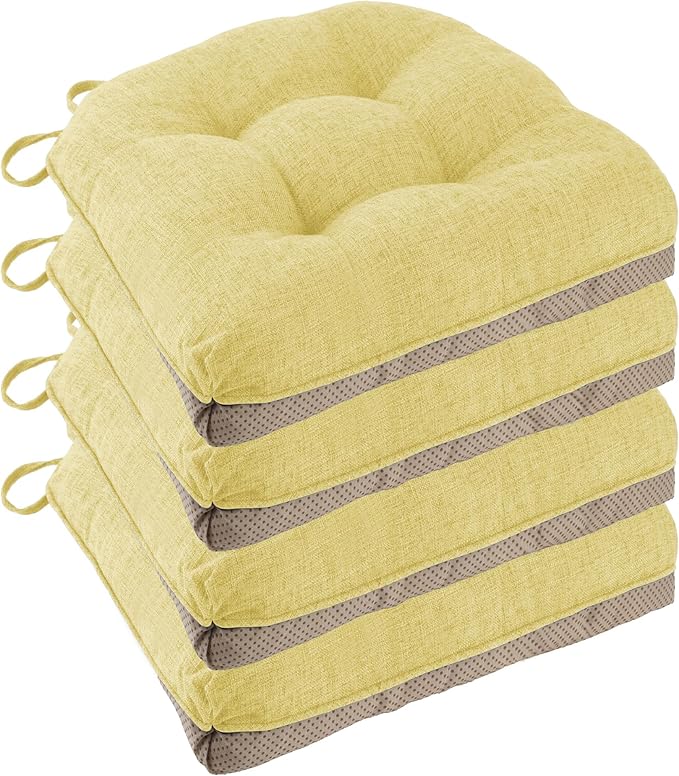 Non Slip Chair Cushions for Dining Chairs Set of 4 Kitchen Chair Cushions 18"x18"x3" Turfted Chair Pads Comfortable and Soft Seat Cushion with Ties, Yellow