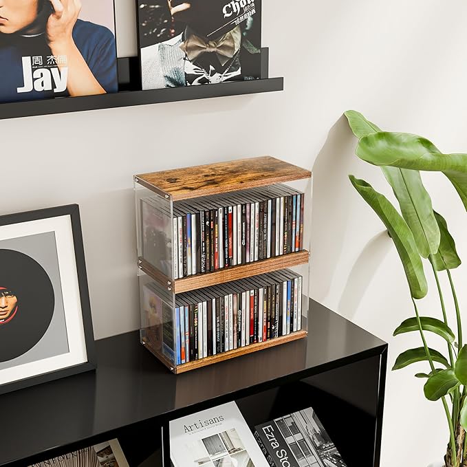 2Pack Stackable Wood Acrylic CD Holder Desk Rack Organizer Holds up to 60 CD Jewel Cases Media Storage Rack for Movie & Video Games Collections (Burning Wood, Short)