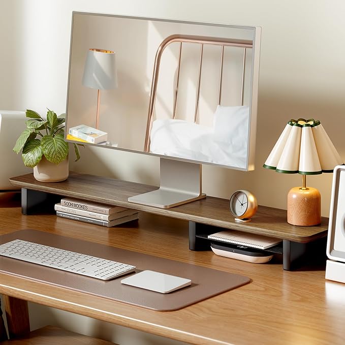 PEGZONE Dual Monitor Riser with Integrated Metal Shelf, Large Walnut Wooden Desk Shelf for 2 Monitors/TV, Wide 46" Long Monitor Stand Riser for Desk, Wood Monitor Stand Organizer for Home Office
