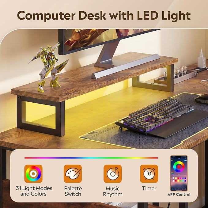 DEVAISE Spacious 55" L Shaped Gaming Desk with LED Lights and Power Outlets - Reversible Corner Computer Table with Monitor Stand and Storage Shelves for Work and Gaming, Rustic Brown