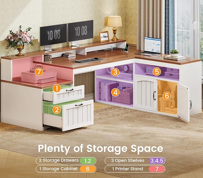 SEDETA Farmhouse L Shaped Desk with Drawers, 59" Office Desk with File Drawers, Wood Corner Computer Desk with Storage Cabinet, Home Office Desk with Monitor Stand & Power Outlets, Brown and White