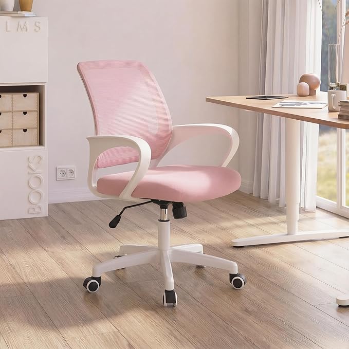 NEO CHAIR Office Desk Ergonomic Computer Mesh Chair with Lumbar Mid Back Support Adjustable Height Swivel Rolling Wheels Comfy Task Vanity Chair for Home Bedroom Study (Pastel Pink)