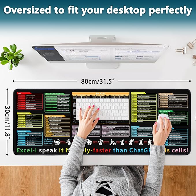 Excel Cheat Sheet Desk Pad - Large Mouse Pad - Excel Cheat Sheet Desk Mat, Non-Slip Base Mousepad Suitable for Office, Computer Games, Desk Mat and More (2, 31.5" x 11.8")