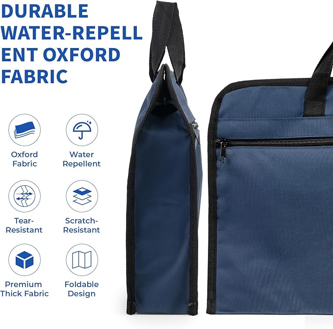 M&G 12x15 in Large Zipper Pouch with Handle, A4 Foldable Heavy-Duty Waterproof Oxford Zipper Document Bag, File Organizer for Office Travel Books Papers Filing Folder, Double Layer 1 Pack (Dark Blue