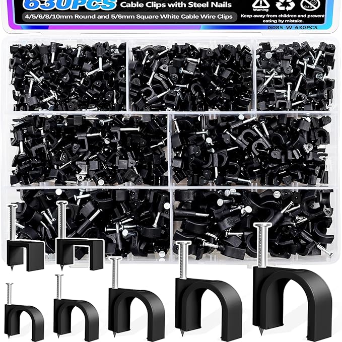mxuteuk 630PCS Cable Clips with Steel Nails,4/5/6/8/10mm Round and 5/6mm Square Black Cable Wire Clips,Wall Clips for Cords,Cable Cord Clips for RG6 RG59 CAT6 RJ45
