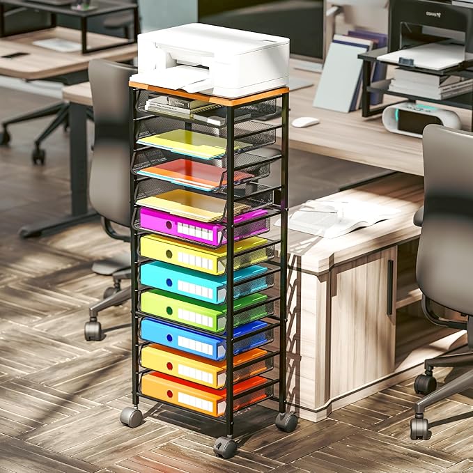 Simple Trending 12 Tier Rolling File Cart,Wood Desk File Organizer with Sliding Trays and Wetal Mesh Paper Letter Storage Multi-Functional Rolling Clutter Cart for Office, Home, School, Black