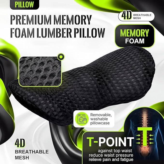 Wenqik 2 Pcs Lumbar Support Pillow Memory Foam Back Cushion Breathable Mesh Removable Washable Cover Ergonomic Design for Car Seat Lower Back Pain Relief Black Support Pillow Sitting Driving Traveling