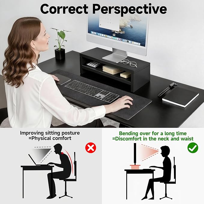 Wooden Monitor Stand Riser, 2-Tier Desk Shelf with Storage Organizer, Ergonomic Computer Stand, Storage Organizer for Laptop, Computer, Black, 15.7 Inch