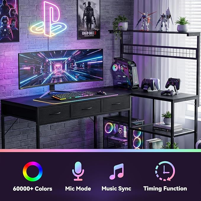 Garvee Computer Desk with 3 Fabric Drawers, 50.4 in l-Desk Display Shelves with Led Light & Power Outlet, PC Table Workstation for Home Office, Gaming Desk for Small Spaces, Black