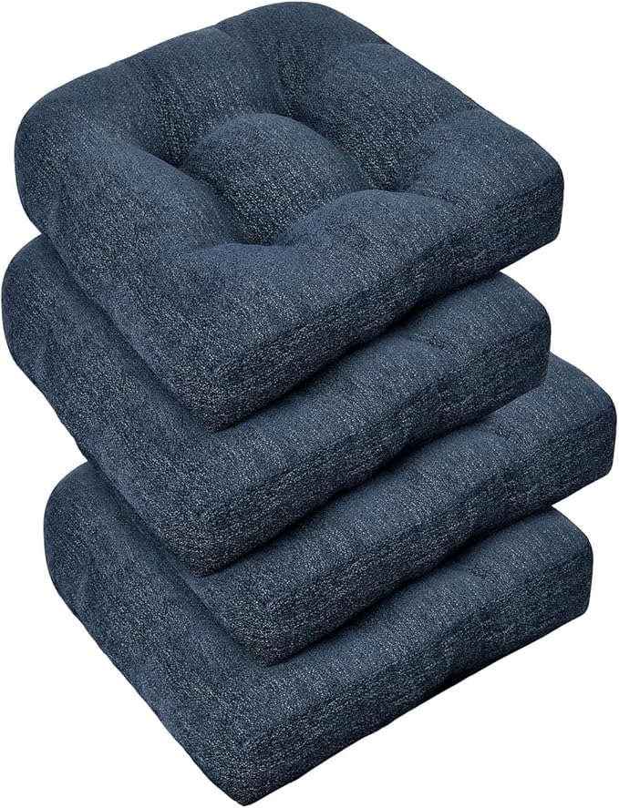 downluxe Chair Cushions for Dining Chairs 4 Pack, Tufted Indoor Chair Pads with Non-Slip Bottom, U-Shaped Kitchen Chair Cushions, 17"x17"x4", Navy