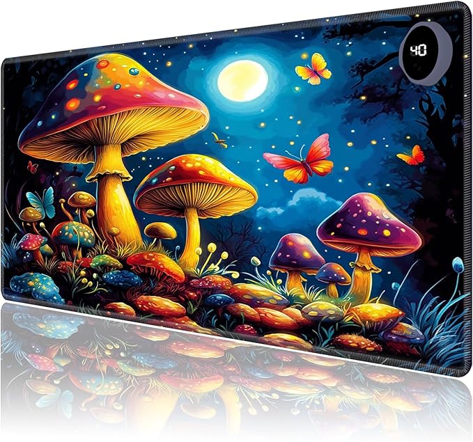 Heated Mouse Pad,Warm Desk Pad with 3 Levels Heating & 3 Hours Auto Shut-Off, PU Leather Heated Desk Pad Warmer Pad for Home Office - 31.5 x 13 inch,Beautiful Mushrooms