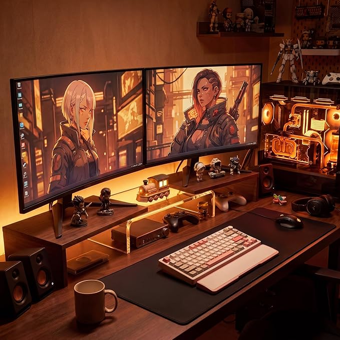 Dual Monitor Riser, Acrylic Monitor Riser with Keyboard Storage, Adjustable Angle & Length Computer Monitor Stand, Wide Desk Shelf for Top of Desk for Home Office_Walnut Look