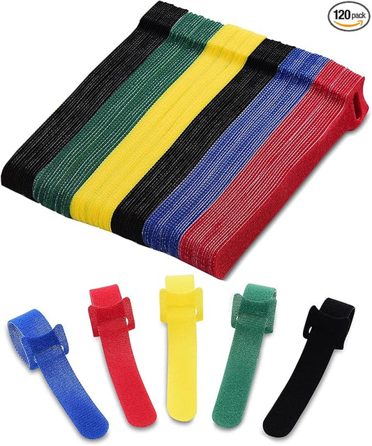 120 Pack Reusable Cable Ties 6 Inch – Multi-Color Hook and Loop Cord Ties for Wire Management – Color-Coded Cable Straps for Electronics, PC, Desk & Gaming Setup