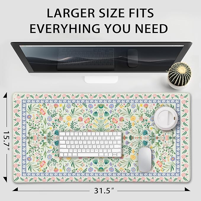 Green Floral Desk Mat, 31.5"x15.7" Large Mouse Pad, Anti-Slip Rubber Base Keyboard Pad with Stitched Edges, Water-Resistant Smooth Desk Blotter, Computer Mat for Home Office Desk