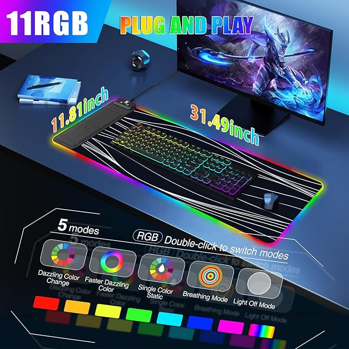 RGB Mouse Pad with Foldable Phone Stand Wireless Charger, 31.5"x11.8" XL Gaming Mousepad Large Desk Mat, Desk Pad with 11 Colors 5 Modes, Waterproof (Wave Print)