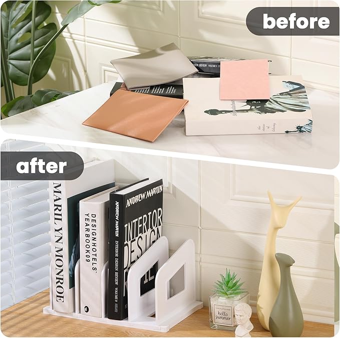 LALOBLUE File Organizer, Acrylic Folder Organizer File Sorter, Plastic Vertical Dividers for Magazine Mail Letter Paper, Desktop Organizers for Office, Classroom & Home(4 Sections, 2 Pack), White