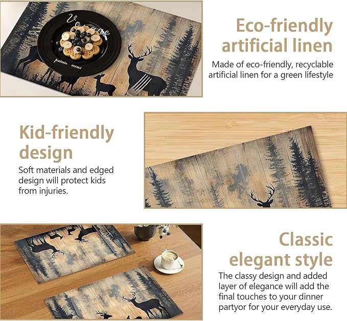 Rustic Deer Forest Table Placemats Set of 6, Linen Placemats 12x18 Inch, Washable Non Slip Heat Resistant Mats for Dining Table Kitchen Indoor Use