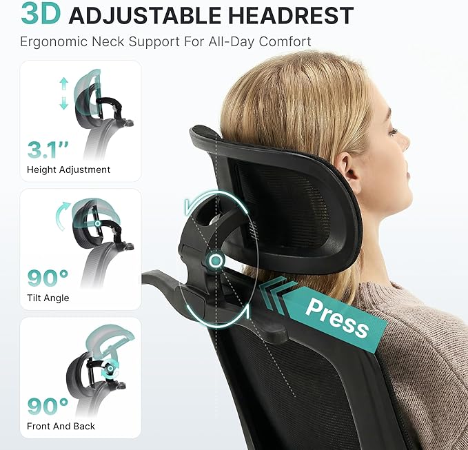 Ergonomic Mesh Office Chair,330LB Capacity High Back Desk Chair with Adjustable Lumbar Support, Adjustable Headrest & Flip-Up Arms,Breathable Computer Chair for Home Office,Work & Study,3pcs