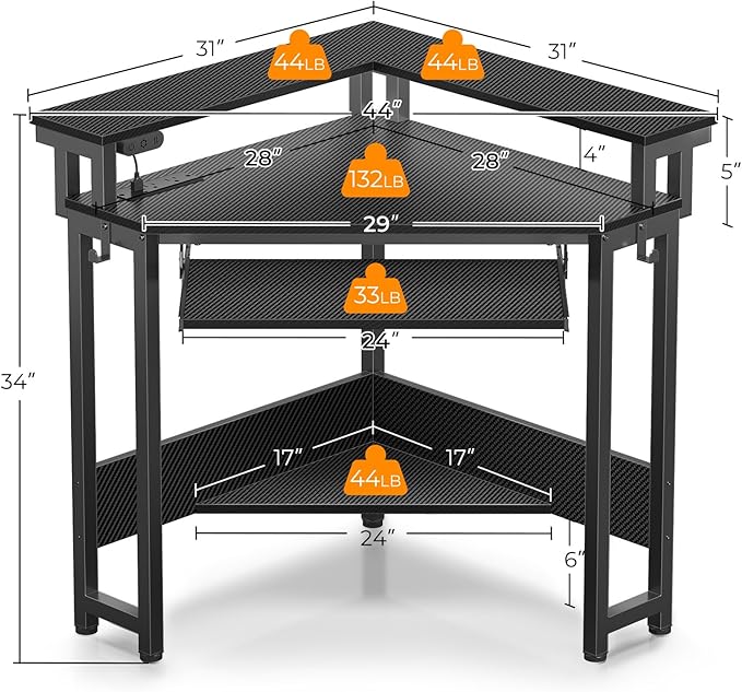 Rolanstar Corner Desk,44" W x 34" H Small Computer Desk with Power Outlets, Gaming Desk with LED Lights, Triangle Corner Table with Keyboard Tray & Monitor Stand for Small Space, Black