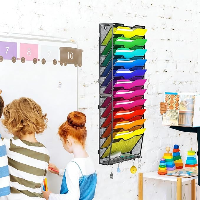 Gawerk Hanging Wall File Organizer with 5 Hooks - Wall Mounted Mail Paper Document Folder Holder, Sturdy Mesh Magazine Rack for Office Home (12+1 Tier)