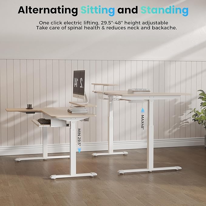 EUREKA ERGONOMIC 55 Inch L Shaped Electric Standing Desk, Height Adjustable Computer Gaming Desk with Keyboard Tray, Mouse Pad, Home Office Work, Maple Wood, Left Side