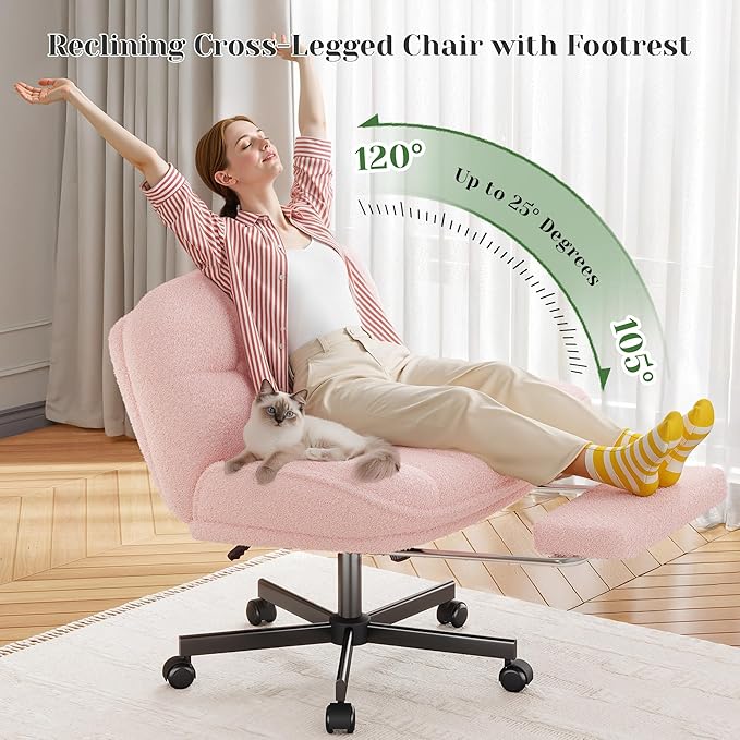 DurayLoly Criss Cross Office Chair with Footrest, 6.3" Thick Cushioned Cross Legged Office Chair with Wheels, Reclining & Height Adjustable, Swivel Armless Vanity Chair for All-Day Comfort (Pink)