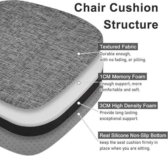 baibu 14x14 Memory Foam Metal Chair Cushions Set of 4, Dual-Layer Design Non-Slip Metal Dining Chair Pads Kitchen Seat Cushion with Machine Washable Cover, 4 Counts, Grey