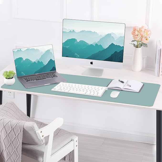 AFIING Cork Desk Mat 47" x 17", Dual-Sided Natural Cork & PU Leather Desk Pad, Non-Slip Waterproof Large Mouse Pad for Office, Home & Gaming (Light Blue)