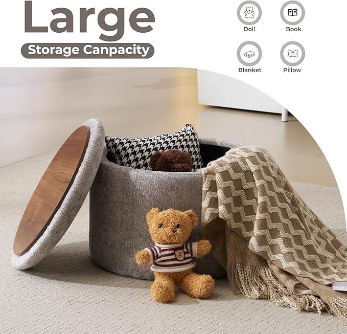Modern Round Storage Ottoman with Reversible Tray Lid ,Chenille Ottoman Foot Stools , Ottoman Footstool with Hidden Storage , Storage Ottoman for Living Room , Multi-Functional Footrest , Light Grey