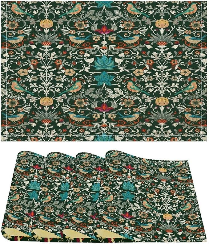 Vintage William Morris Placemats Strawberry Thief Botanical Art Vintage Floral Linen Washable Table Mats Stain Heat-Resistant Desktop Decor Place Mats for Home Kitchen Dining Party 12x18 in 6 Pcs