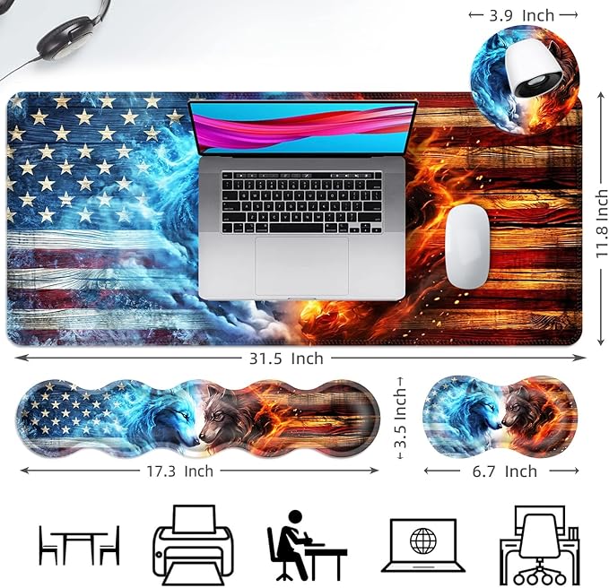 Ergonomic Mouse Pad Set with Wrist Support for Keyboard and Wrist Rest for Mouse, Memory Foam Comfort, Non-Slip Large Desk Mat for Home Office Pain Relief,Two Wolf Galaxies