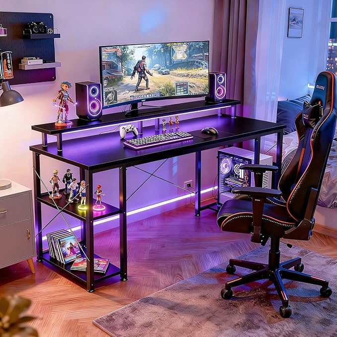 ODK 55 inch Gaming Desk with LED Lights & Power Outlets, Computer Desk with Monitor Stand & Storage Shelves, CPU Stand, Home Office Desk, Black