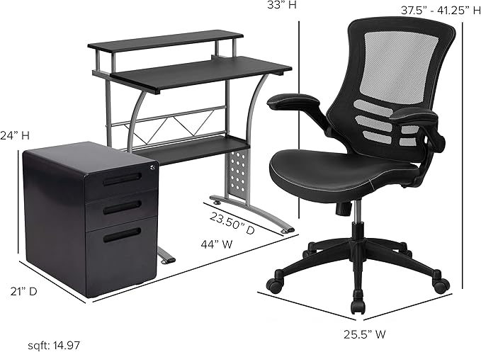 Flash Furniture Work From Home Kit - Black Computer Desk, Ergonomic Mesh/LeatherSoft Office Chair and Locking Mobile Filing Cabinet