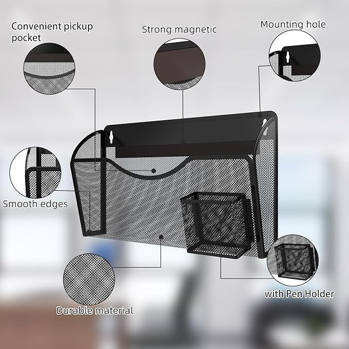 Magnetic File Holder 1 Pockets File Folder Organizer with Pen Holder, Office Hanging Magazine Rack for File Cabinets, Magnetic Paper Holder, No Drilling Mail Organizer for Refrigerator, Office (Black)